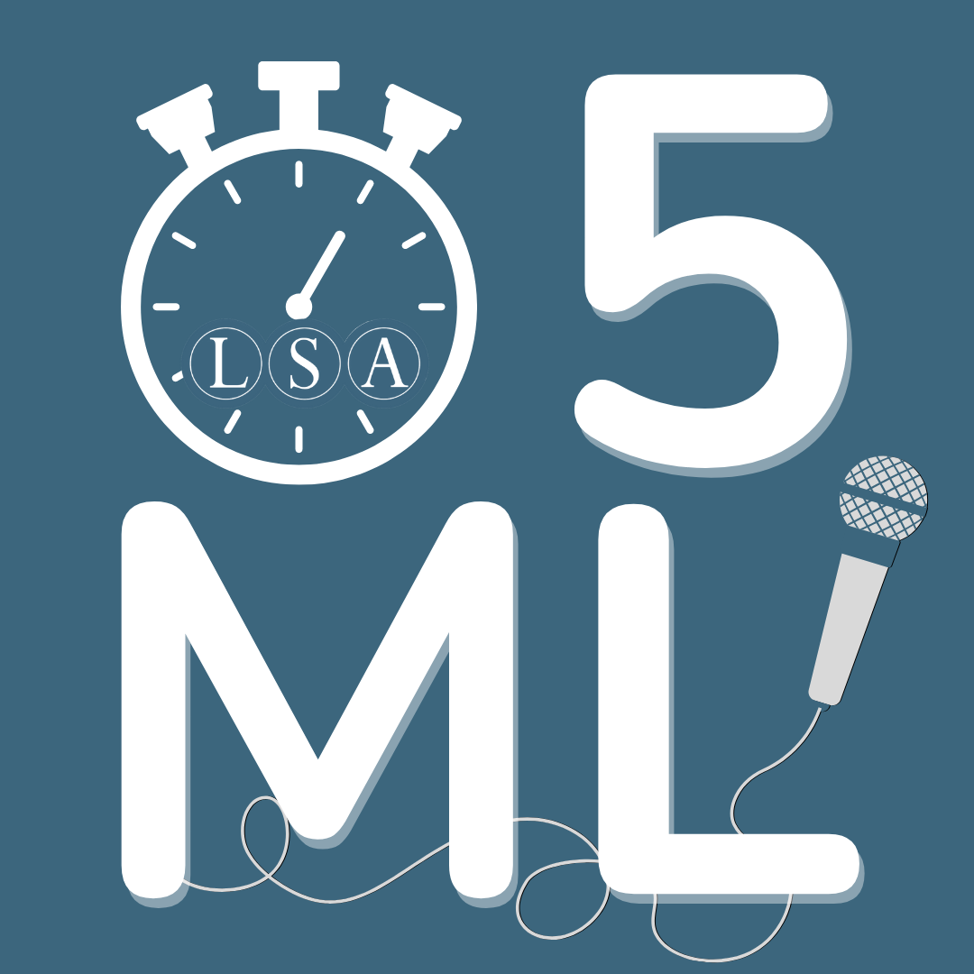 Logo for the Five-Minute Linguist competition. The number 5 and the letters M and L, and icons of a wired microphone and a stopwatch with the letters L S A inside.
